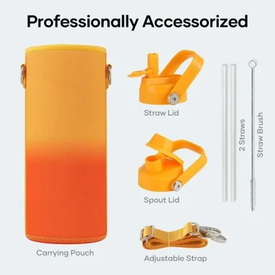 Buzio Duet Series Water Bottle with 2 Lids and Sleeve 1.2L - Yellow Orange